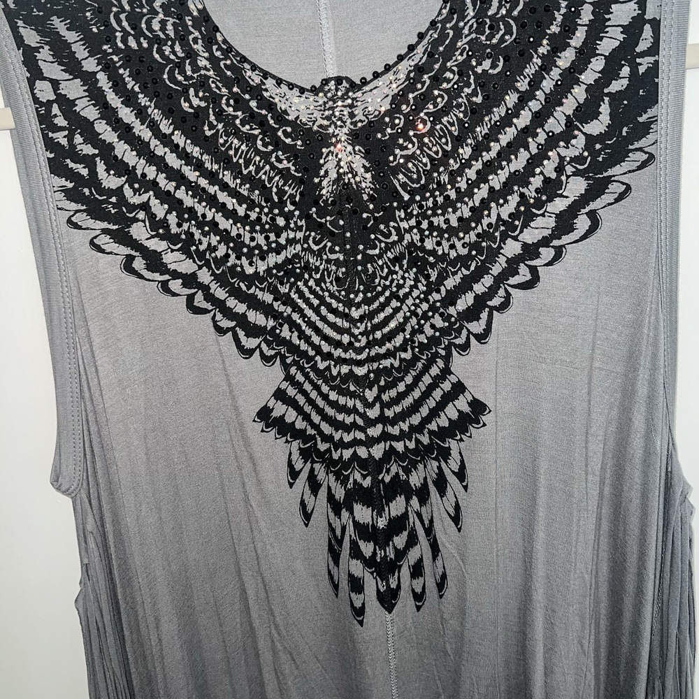 Vocal Womens XL Gray Embellished Fringe Vest Duster Black Beaded Boho Y2K - Picture 6 of 10
